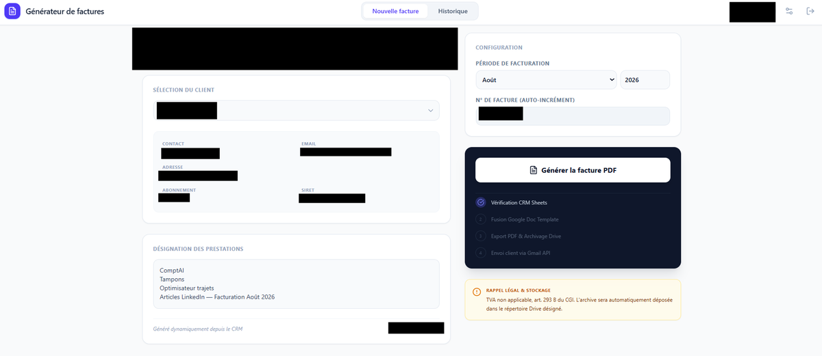 Générateur de factures automatique GenIAl : sélection du client, génération du PDF et envoi automatique