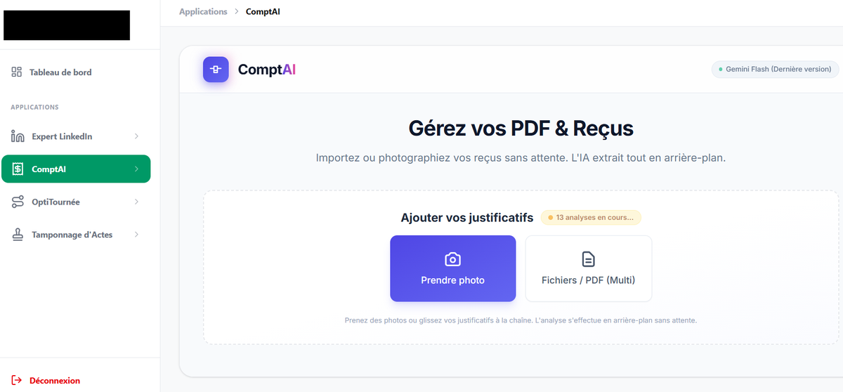 Suite digitale d'automatisation GenIAl : scan de reçus par IA, tamponnage, optimisation de trajets, posts LinkedIn